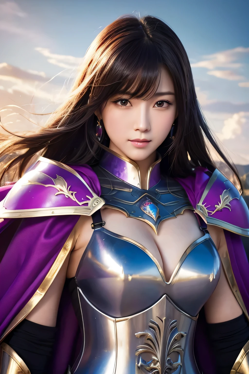 Close-up of a woman in armor and a purple cape, Koei Tecmo, zhao yun, china'Three Kingdoms, Bianlian, Genghis Khan, Feng Shui, ponytail, xianxia hero, chinaの戦士,