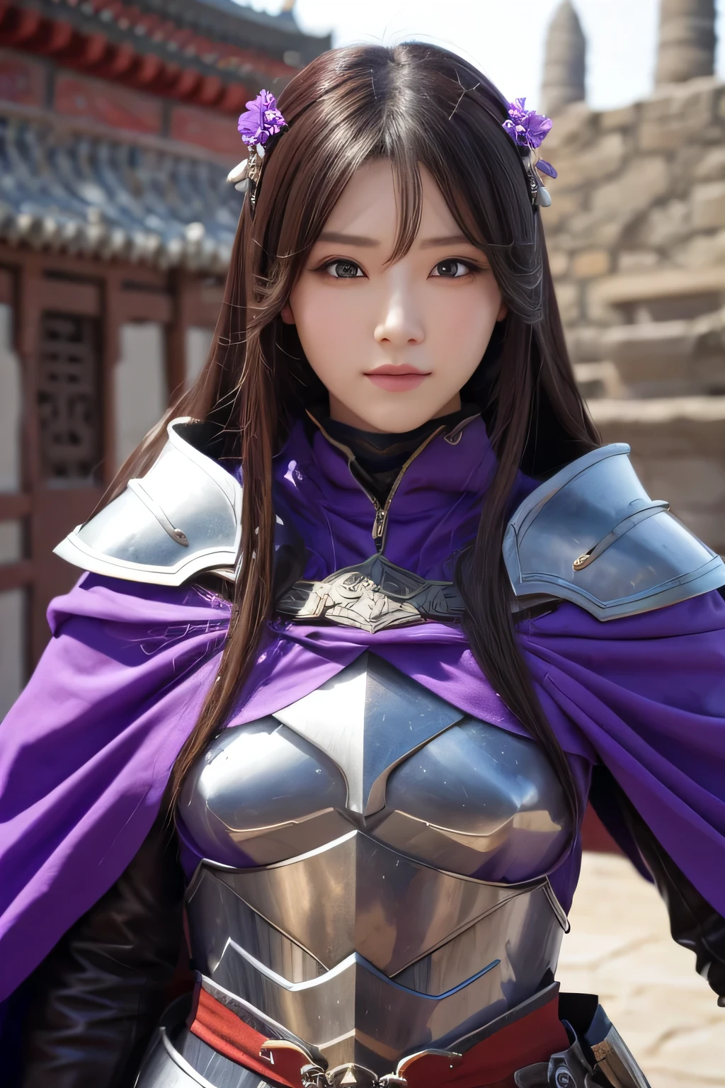 Close-up of a woman in armor and purple cloak, Koei Tecmo, zhao yun, china&#39;Three Kingdoms, Bianlian, Genghis Khan, Feng Shui, ponytail, xianxia hero, chinaの戦士,