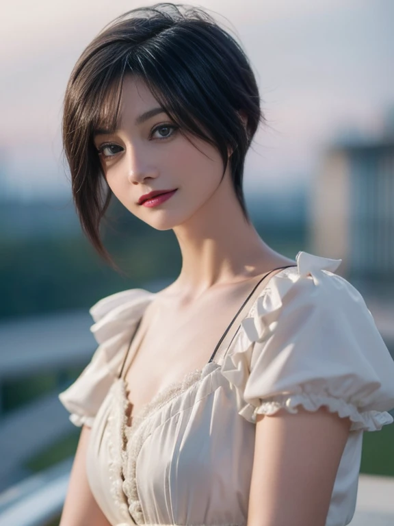 mercedes_time jump, short hair, has, ineil, ruffled dress, in, head_inclination, looking_above, =_=,, (masterpiece:1.3), (better_quality:1.3), (ultra_detailed:1.3), 8k, extremely_Clear, Realism, (ultrarealistic:1.3),, 1 girl, Alone, broad_shooting,, seductiine_smile,