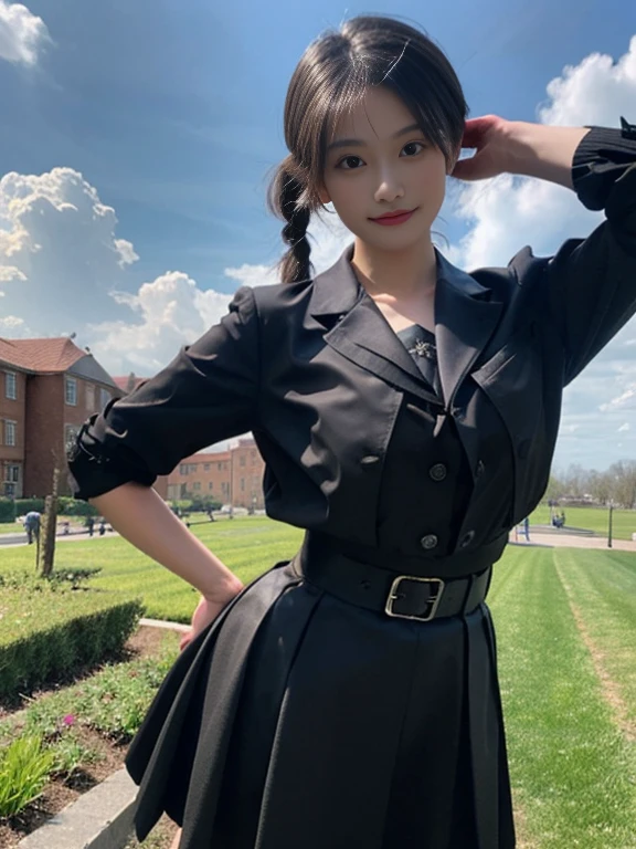 masterpiece, Best Quality, defIngrid, hits, braided ponytail, black jacket, black skirt, blue pantyhose, looking at the viewer, smile, garden, blue sky, clouds, Upper part of the body, standing