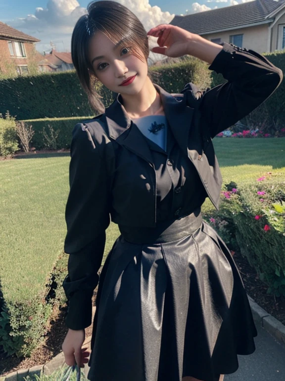 masterpiece, Best Quality, defIngrid, hits, braided ponytail, black jacket, black skirt, blue pantyhose, looking at the viewer, smile, garden, blue sky, clouds, Upper part of the body, standing