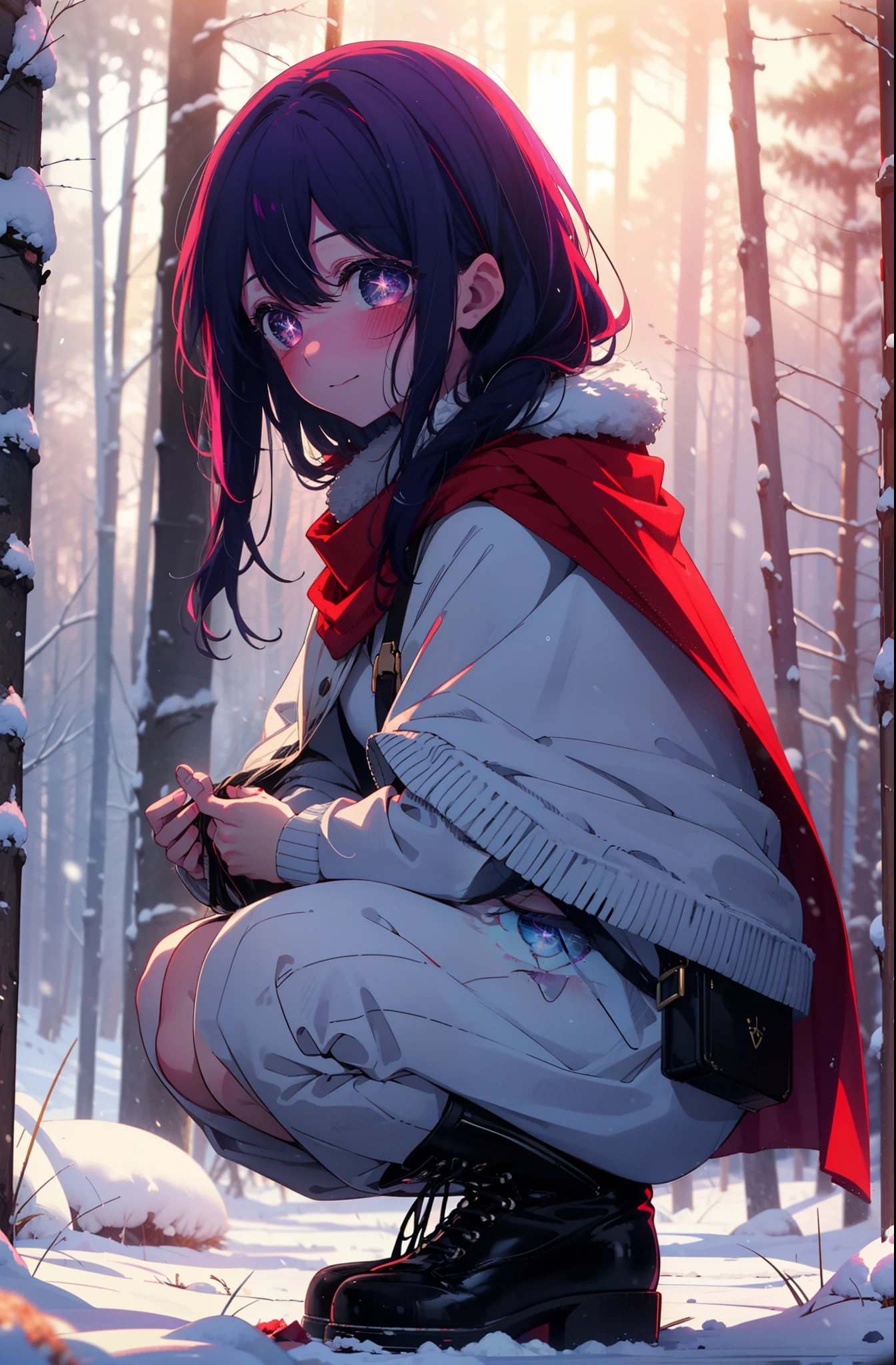 aihoshino, Ai Hoshino, Long Hair, bangs, (Purple eyes:1.1), Purple Hair, (Symbol-shaped pupil:1.5), smile,,smile,blush,white breath,
Open your mouth,snow,Ground bonfire, Outdoor, boots, snowing, From the side, wood, suitcase, Cape, Blurred, , forest, White handbag, nature, Squat, Mouth closed, Cape, winter, Written boundary depth, Black shoes, red Cape break looking at viewer, Upper Body, whole body, break Outdoor, forest, nature, break (masterpiece:1.2), Highest quality, High resolution, unity 8k wallpaper, (shape:0.8), (Beautiful and beautiful eyes:1.6), Highly detailed face, Perfect lighting, Extremely detailed CG, (Perfect hands, Perfect Anatomy),