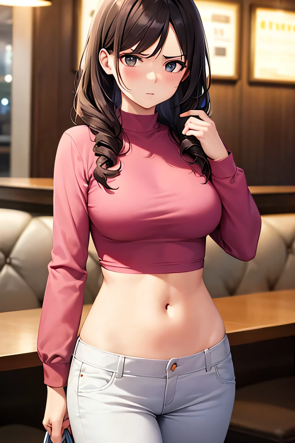 super fine illustration, vibrant colors, masterpiece, sharp focus, best quality, depth of field, cinematic lighting, ultra detailed, crop top, long sleeves, slim pants, navel, belly button, tummy, 1 woman, solo, milf, very messy hair, slender, blush, annoyed, mature female, tall woman, looking down, v-shaped eyebrows, medium breasts, dark hair, stomach, carrying purse, long curly hair, restaurant, annoyed, pink shirt