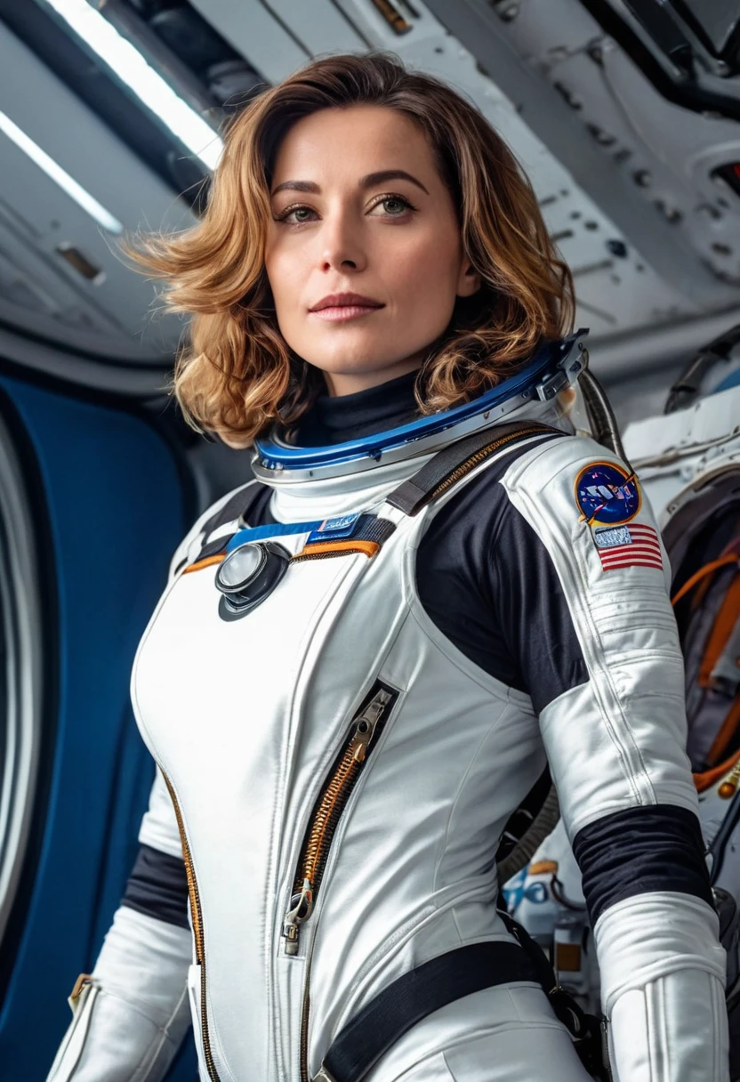 (masterpiece), best quality, bersek, french face, (upper body), courageous woman with shoulder length hair, intricate spacesuit, (perky breasts), (dutch angle), warm palette, (👩🚀), space station,comics
