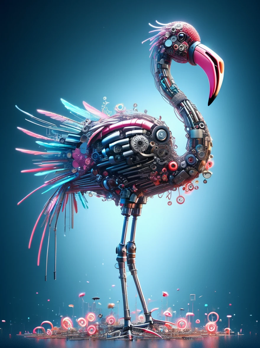 (3D，mechanical感，cute，ais-scrapyrd Flamingo，mechanical)，Colorful neon lights，高科技mechanical部件，Metal body，Detailed Vibranium Flower Design，Vibrant colors，Dynamic glowing flowers，Reflective metal surface，Bright environment，Dynamic poses，Exquisite existence，Skills Improvement，互锁mechanical齿轮，Stylish design，motion blur effect，Detailed metal treatment，Sci-fi atmosphere，Streamlined aerodynamic shape，Laser scanning pattern，Holographic projection，LED light track，Beautiful and unforgettable，Advanced sensors，Complex algorithms，Ominous and mysterious atmosphere，Electric Spark，Shiny chrome，Propulsion systems of the future，(Best quality，8k，high resolution，masterpiece:1.2)，Super detailed，(whole body:1.8)​