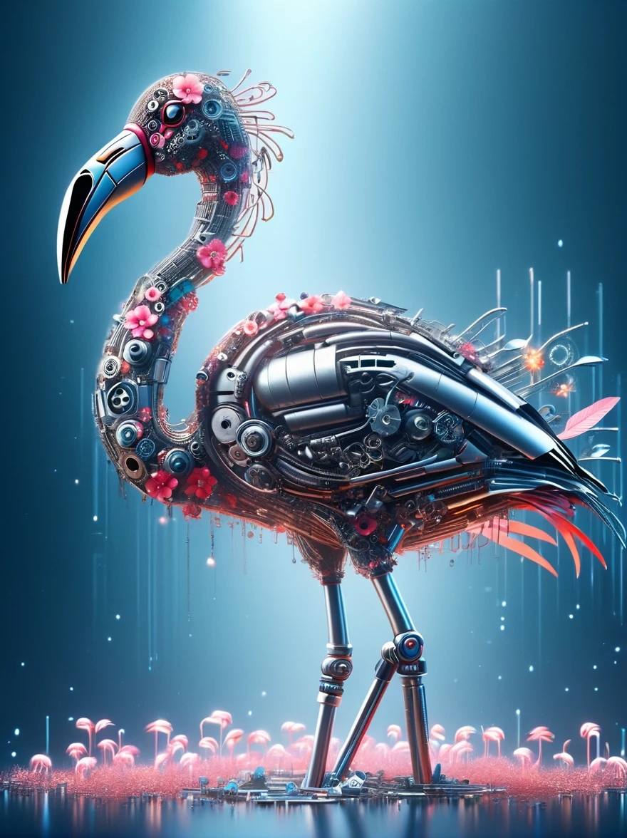 (3D,mechanical感,cute,ais-scrapyrd Flamingo,mechanical),Colorful neon lights,高科技mechanical部件,Metal body,Detailed Vibranium Flower Design,Vibrant colors,Dynamic glowing flowers,Reflective metal surface,Bright environment,Dynamic poses,Exquisite existence,Skills Improvement,互锁mechanical齿轮,Stylish design,motion blur effect,Detailed metal treatment,Sci-fi atmosphere,Streamlined aerodynamic shape,Laser scanning pattern,Holographic projection,LED light track,Beautiful and unforgettable,Advanced sensors,Complex algorithms,Ominous and mysterious atmosphere,Electric Spark,Shiny chrome,Propulsion systems of the future,(Best quality,8k,high resolution,masterpiece:1.2),Super detailed,(whole body:1.8)