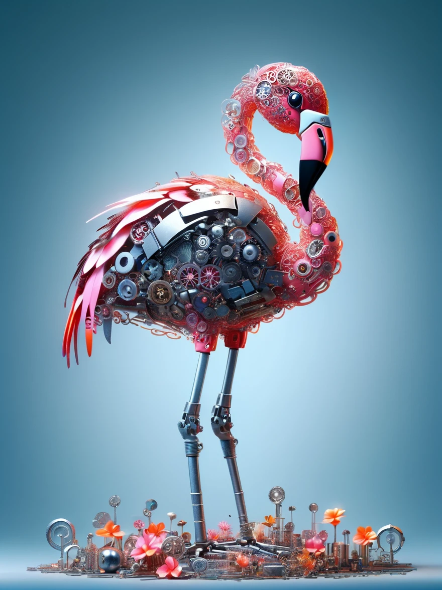 (3D,mechanical感,cute,ais-scrapyrd Flamingo,mechanical),Colorful neon lights,高科技mechanical部件,Metal body,Detailed Vibranium Flower Design,Vibrant colors,Dynamic glowing flowers,Reflective metal surface,Bright environment,Dynamic poses,Exquisite existence,Skills Improvement,互锁mechanical齿轮,Stylish design,motion blur effect,Detailed metal treatment,Sci-fi atmosphere,Streamlined aerodynamic shape,Laser scanning pattern,Holographic projection,LED light track,Beautiful and unforgettable,Advanced sensors,Complex algorithms,Ominous and mysterious atmosphere,Electric Spark,Shiny chrome,Propulsion systems of the future,(Best quality,8k,high resolution,masterpiece:1.2),Super detailed,(whole body:1.8)