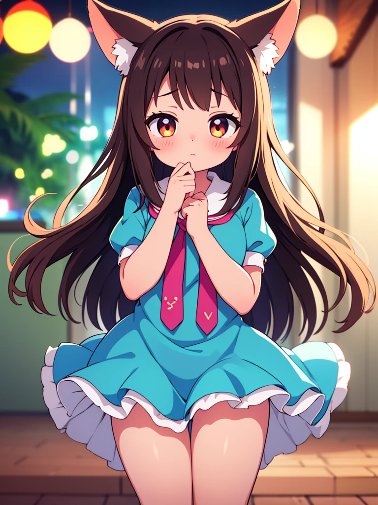 tanuki girl, tanuki, kawaii, on a streets of tokyo, sunset, sunbeams, magical lighting, akihabara, in cute short dress, undies visible, panties visible, smiling, blushing, shy pose, kawaii outfit, beautiful hair, looking away Short skirt raised show panties NSFW open legs