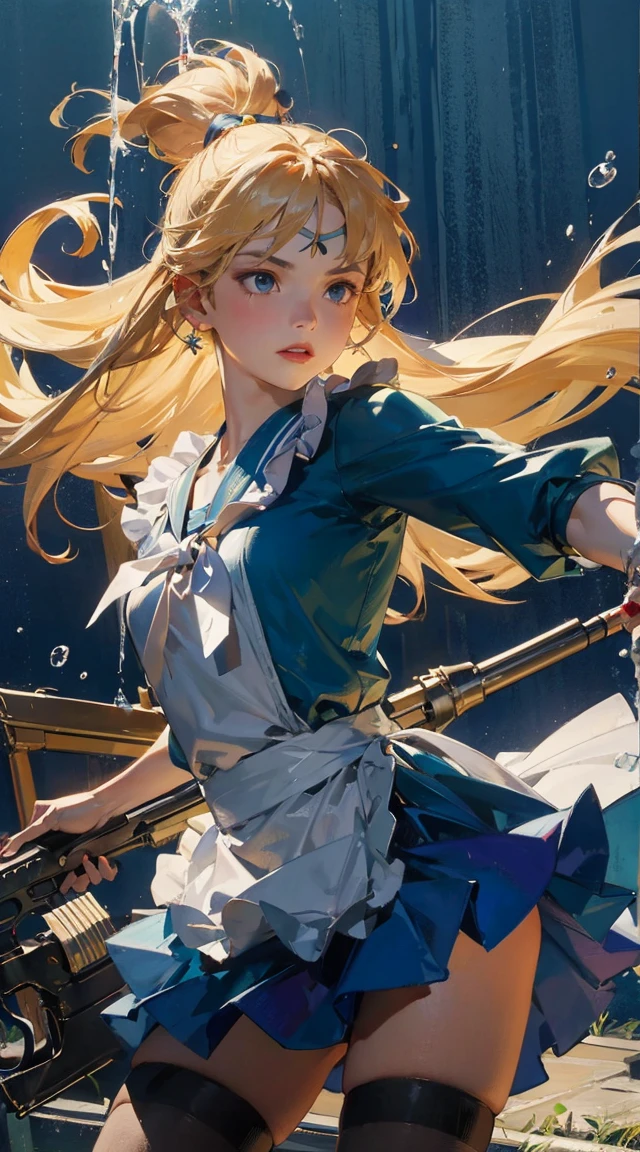８ｋ,Realistic Skin Texture、Superrealism、Realistic Photo、A futuristic Japanese female soldier stands amongst rubble、Damaged moss green metal armor、Skull mark painted on armor、Painting of the unit and identification number、Peeling paint、Oil stains、Energy Rifle、fighting spirit、Detailed Description、Dynamic pose
  Realistic portrait of the protagonist of the anime Sailor Moon　(Super detailed,ultra high resolution,detailed background),((2D)),((flat color)),((colorful)),((floating colorful water)),1 girl,alone,looking at the viewer,break　masterpiece, Highest quality, Portraiture, One Girl, (Alice in Wonderland:1.2), Blue clothes, White apron, Blonde, blue eyes, Usagi, Trump, Tea cup, White lace thigh high socks, Miniskirt lift, Dynamic pose,Electro Swing1woman, makima, beauty face, cool vibe, detailed