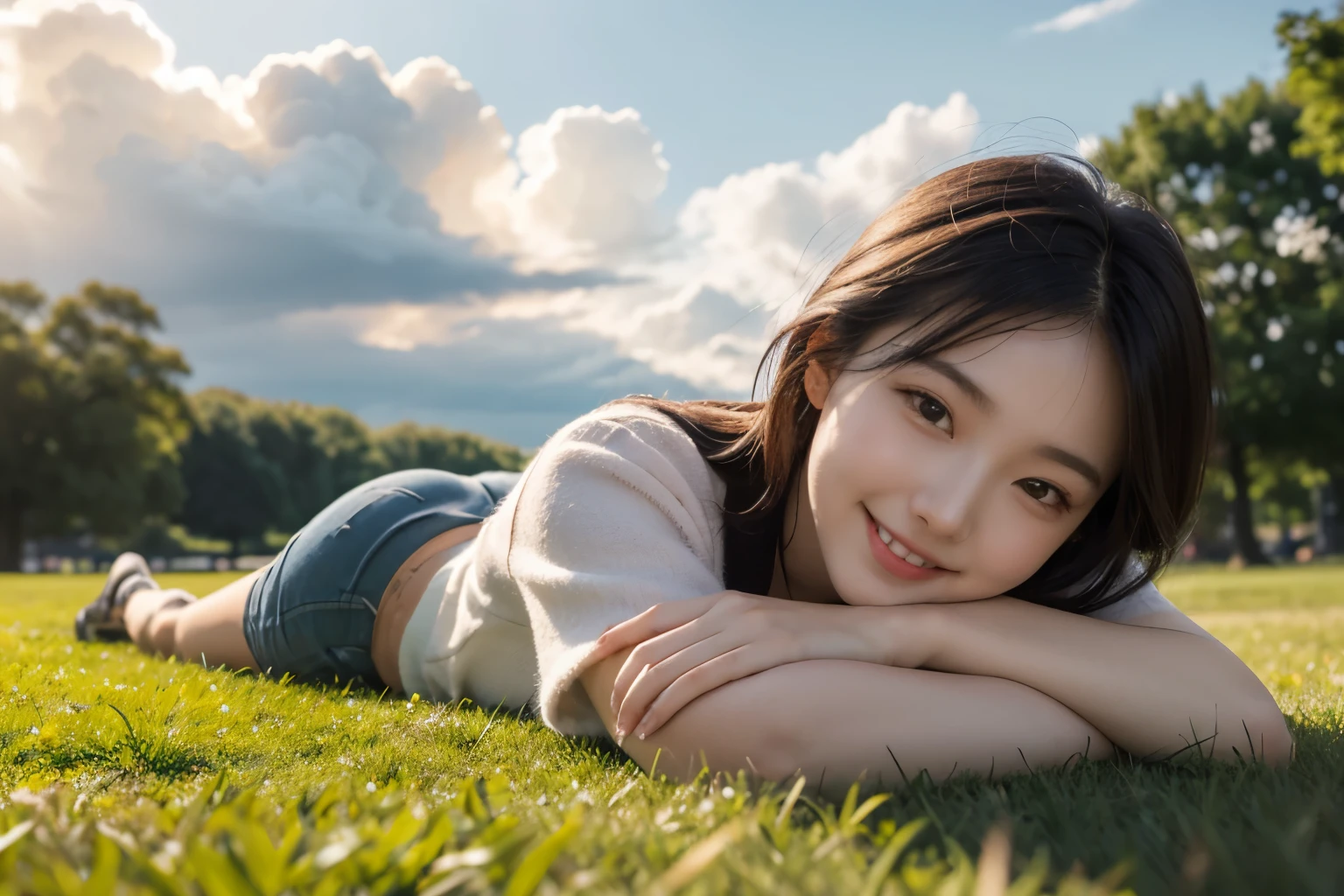A peaceful summer afternoon with a young woman lying on a grassy field, smiling as she watches large, soft clouds drift slowly across the sky. The warm sunlight bathes her in a gentle glow, evoking deep, nostalgic feelings of youthful summers, high quality, masterpiece, 8k,