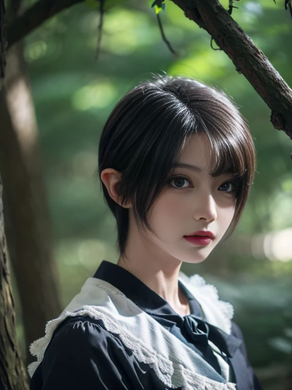 月が照らすevening、黒いdetailedな衣服、Transcendentally beautiful、lean on a tree, Perch on a tree branch、elf、Portrait of a beautiful 16 year old girl.,evening、The dark light shines、A view of the World Tree in the distance. , detailedな背景画、Dark forest、blue eyes, detailedな目、detailedな手脚、red, orange and green particles、bright red lips, (masterpiece) (of the highest quality) (detailed) (8k) (High resolution) (cinema lighting) (sharp focus)、alone、rubio、((blush: 0.8)), Natural skin texture, transparent skin、delicate body, hair ornaments、