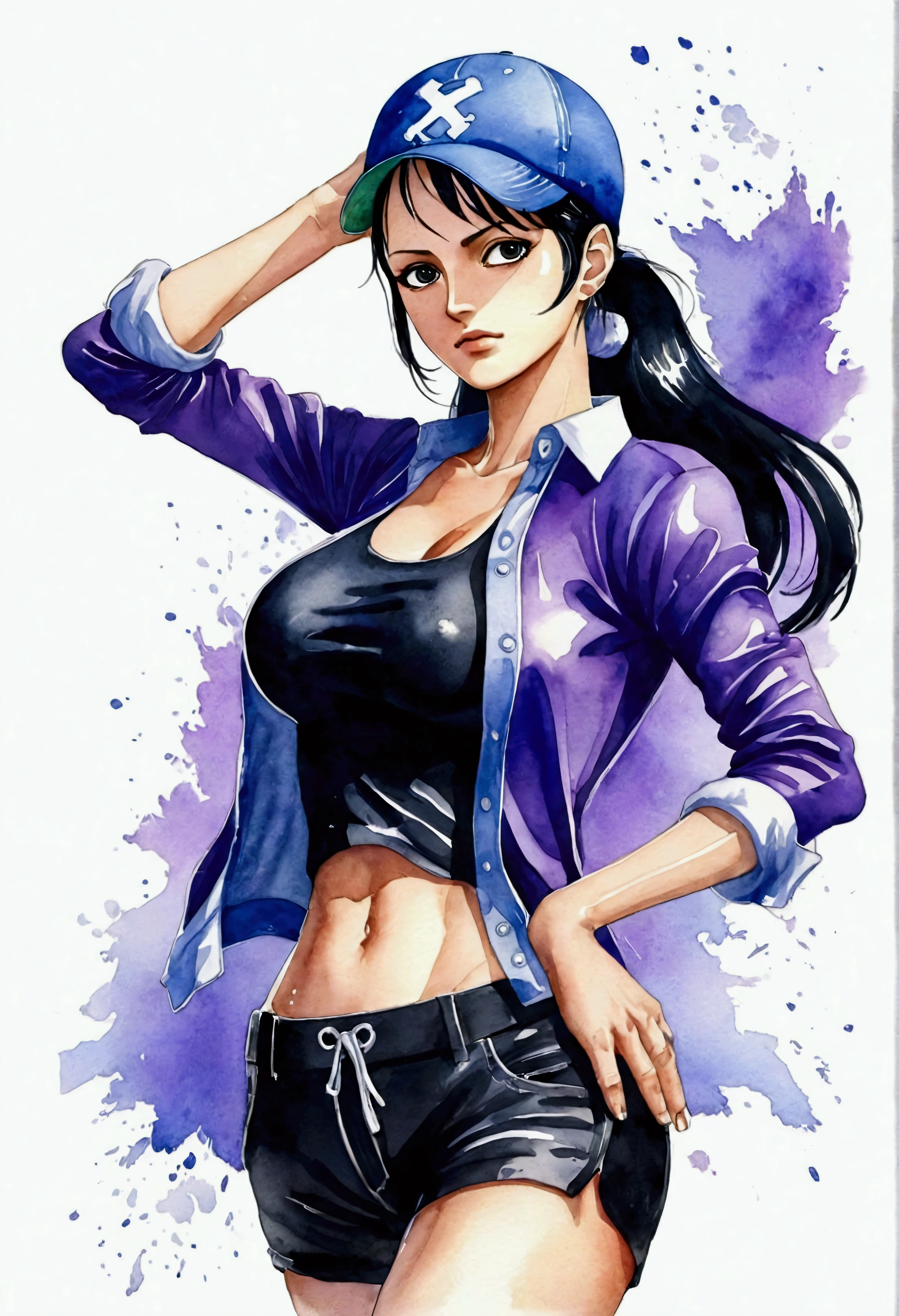 One Piece Nico Robin Creation、Watercolor、An illustration、Black Hair、shirt、precise face features、black eye、Sporty clothes、High resolution、Dynamic pose、
