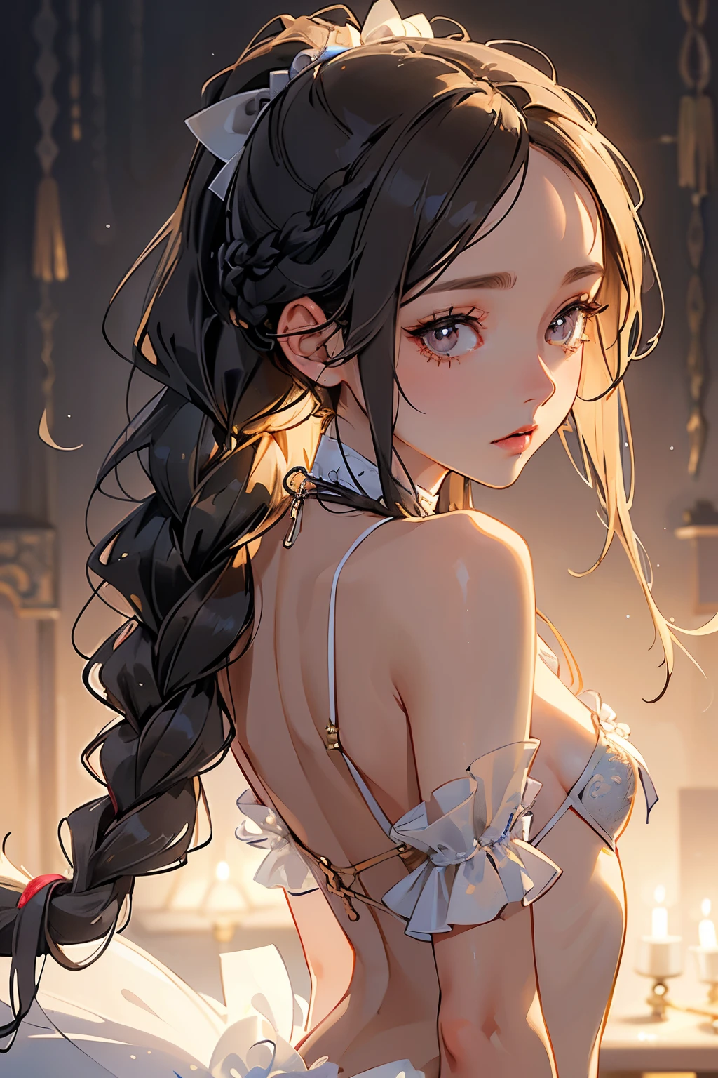  ((best quality)), ((masterpiece)), (detailed), 1girl, (big forhead:1.2),extremely detailed cute anime face, (((flat chest))), (flat chest:1.1),((((long twin braids,tight braids,long braid,braided hair,long hair)))),intricate eyes,beautiful detailed eyes,symmetrical eyes,(((detailed face))),beautiful detailed lips, looking at this, (((embarrassed))),(horrified expression),(panic),(crying),highres,(best quality),(ultra detailed,extremely detailed),perfect face details, ((masterpiece:1.4, best quality))+, (ultra detailed)+, long twintails, cute girl, (flat chest:1.1), small breasts, slim body, skinny, (narrow hips), prominent collarbones, skinny arms, flat stomach, visible hip bones, long hair, red hair, white hair, blonde hair, dark hair, ponytail, thick ponytail, heavy ponytail, small breasts, perfect face, small breasts (flat chest:1.1), NSFW, long revealing gown,Detailed body，Full limbs，(from behind), (turning), NSFW, (flat chest:1.1), nude 