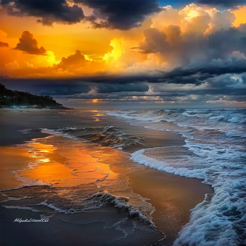 Overlooking the beach,Rough seas,Cloudy sky, the most beautiful image ever seen, Magical storm reflection, Magical Beach, Clouds and waves, Stunningly beautiful beaches, Warm and beautiful scene, Incredibly beautiful, Serene colors, Stunning colors, Beautiful sea view, The picture shows the beach at sunset, Fascinating, Colorful, breathtaking composition, Beautiful and spectacular sunset