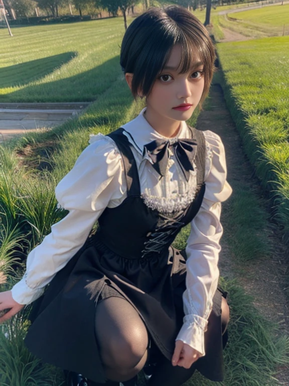 (masterpiece, Best Quality), 1 girl,Dandelion Fishtail Braid with Ribbon Detail, breasts size G, q1m41d, long sleeves, black maid dress, short dress, mary jane shoes, knee high stockings/