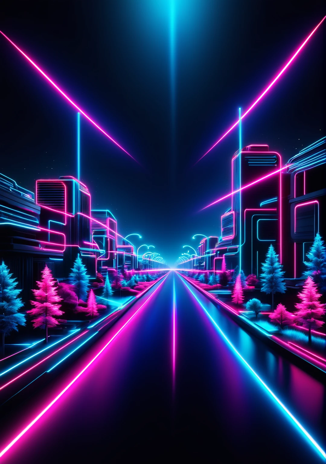 "Create a high-resolution image (1080 x 2400 pixels) with a deep black HDR background. Add vertical laser-like lines on both sides of the screen that move up and down. The lines should alternate between vibrant pink and sky blue, with a neon style effect. Ensure high contrast and vivid color adjustment for a striking, futuristic look."