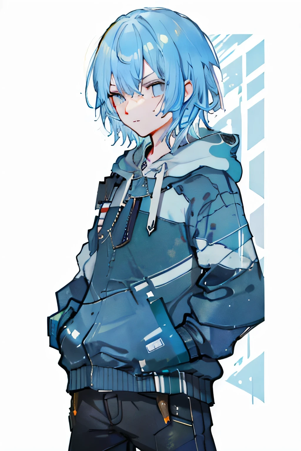 masterpiece, Highest quality, High resolution, wonderful, blue hair, blue eyes, blue hoodie, short hair, hands in pockets,