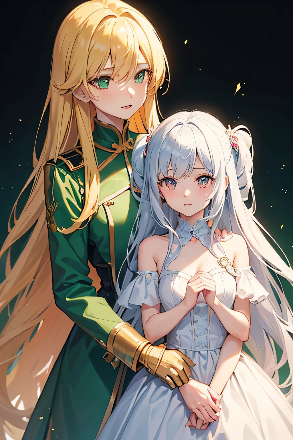 One girl and one girl, anime, the best high quality, high resolution, the quality. The girl’s hair is a beautiful golden color and the color of her eyes is emerald. She is wearing a long white dress. The girl is charming. His hair is long black and his eyes are red. The background keeps the girl’s hair away from her face. 