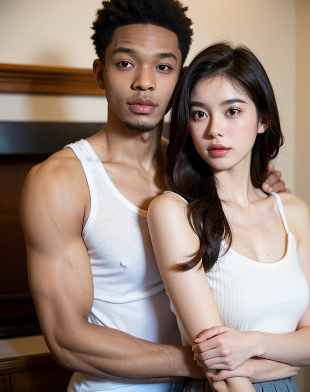 Black man bf with cute girl (white skin) gf wearing tanktop mini