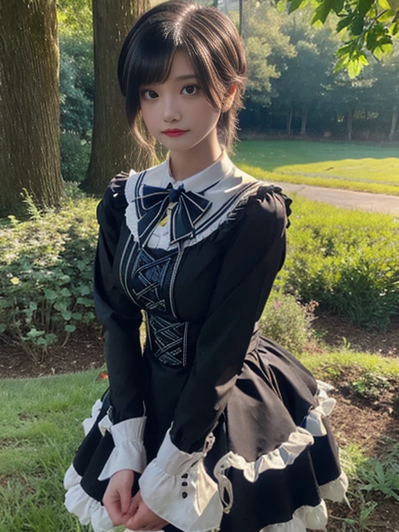 (masterpiece, Best Quality), 1 girl,Dandelion Fishtail Braid with Ribbon Detail, breasts size G, q1m41d, long sleeves, black maid dress, short dress, mary jane shoes, knee high stockings/