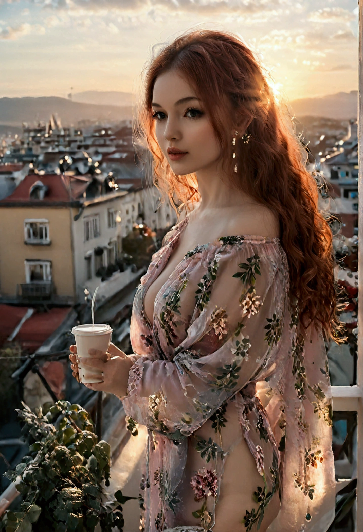 (full body shot:1.7) photorealistic image of a (standing pose:1.7) ultrarealistic, photography, long red hair, woman, 24 years old, hourglass figure, perfect body, Flirty look, natural medium breasts, blur background, she is standing on a balcony with a great view over the city, it is early morning, sun is rising, she only wears a pink sheer robe, she is holding a cup of coffee in her hands,