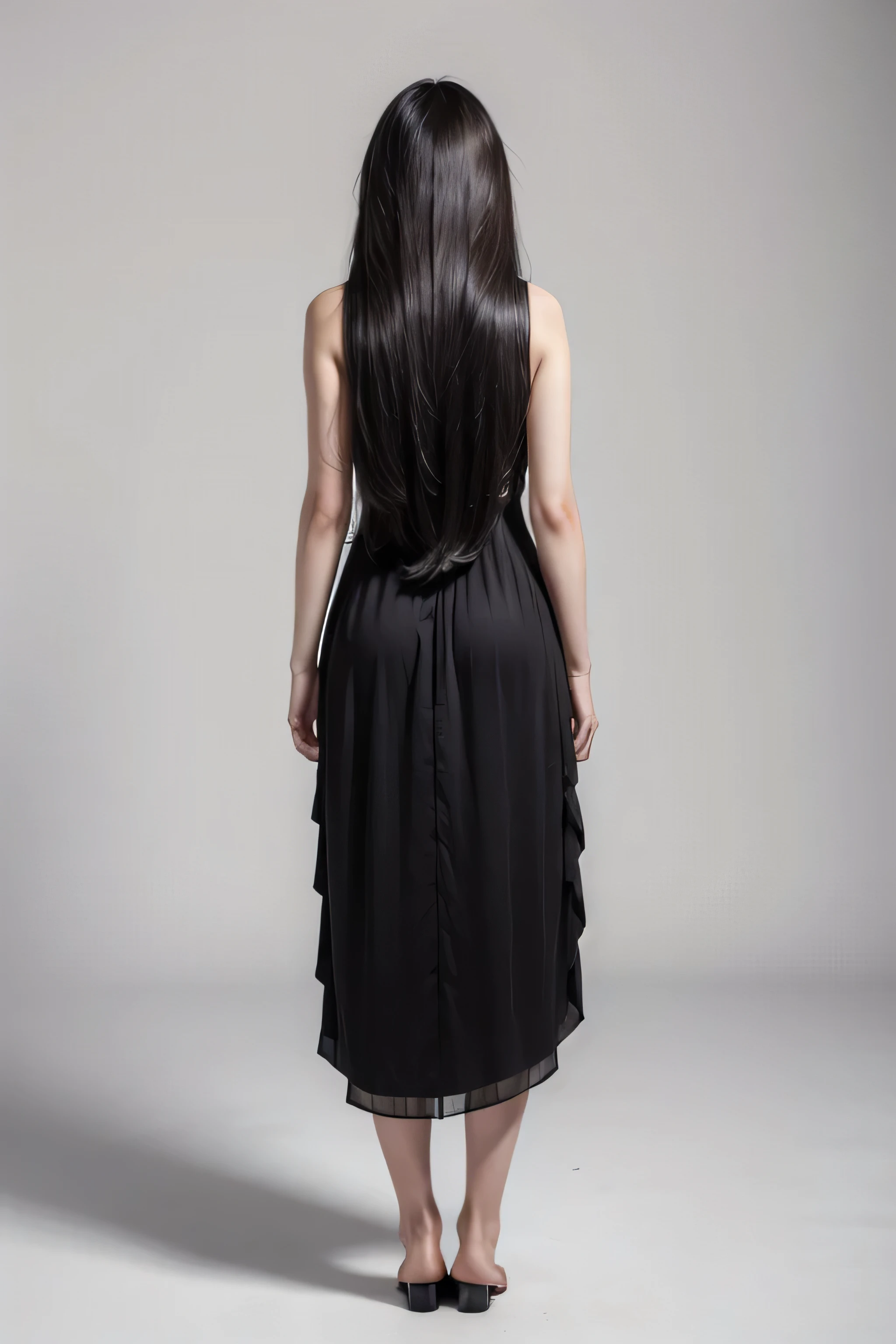 Full body woman back long hair, completely turned around, hair still on her back, black dress, white background.