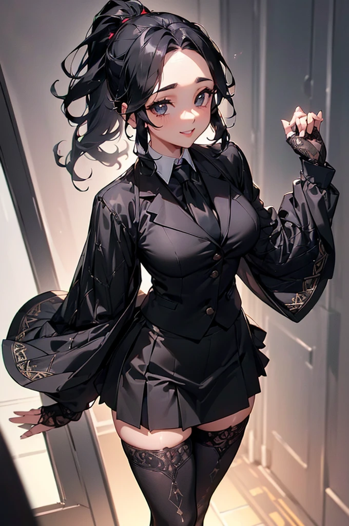 (((beautiful))), (((black suit, tie, Tight Skirt, stockings))), ((Black Hair, ponytail)), One Woman, Glowing Skin, (((Intricate details))), High resolution, ((Intricate details, Ultra-detailed)), whole body, Are standing, (looking at viewer, look at viewer), Red cheeks, smile, Inside the office