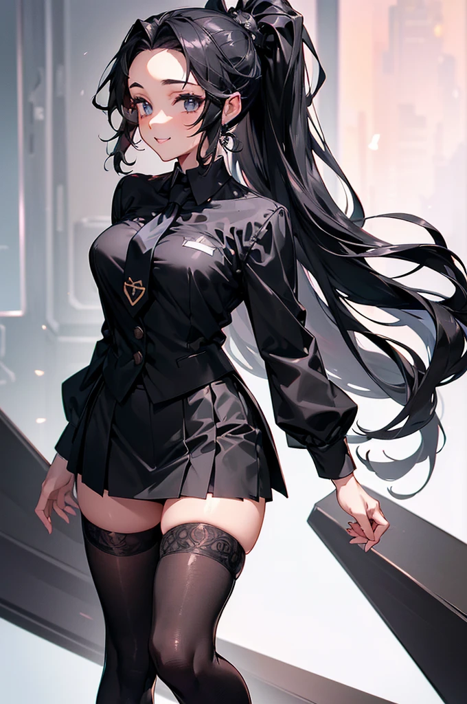 girl in a white shirt and black pencil skirt ,in black tight tights ,brown-haired , in rubber gloves, full length pulls on the glove , Erotic smile