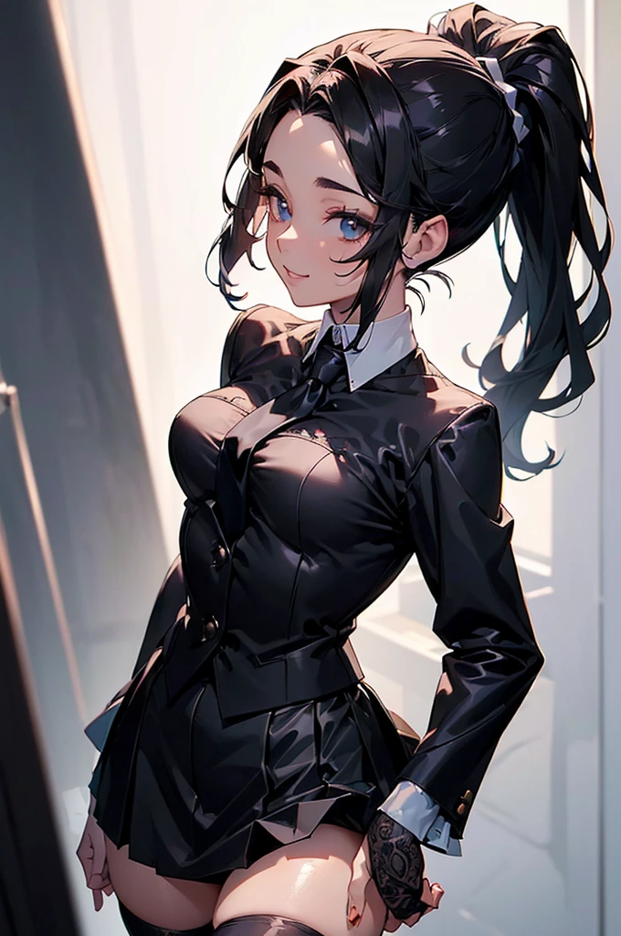 (((beautiful))), (((black suit, tie, Tight Skirt, stockings))), ((Black Hair, ponytail)), One Woman, Glowing Skin, (((Intricate details))), High resolution, ((Intricate details, Ultra-detailed)), whole body, Are standing, (looking at viewer, look at viewer), Red cheeks, smile, Inside the office