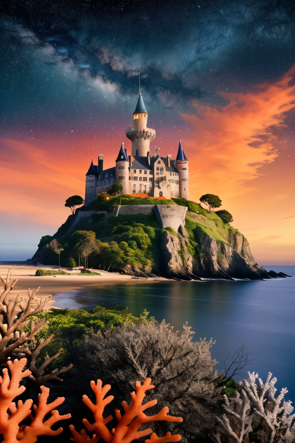 Morning sky with lots of colors and stars, castle on a hill, the ocean and underwater. lots of coral and colorful fish