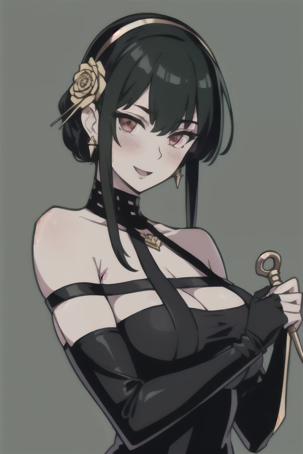 green background, yor_forger, 1girl, solo, long hair, breasts, looking at viewer, smile, bangs, middle breasts, black hair, hair ornament, red eyes, gloves, dress, holding, cleavage, bare shoulders, jewelry, closed mouth, upper body, weapon, flower, sidelocks, hairband, earrings, black gloves, hair flower, fingerless gloves, holding weapon, black dress, rose, knife,dual wielding, holding knife, dagger, holding dagger, gold earrings, gold hairband, blush, open mouth