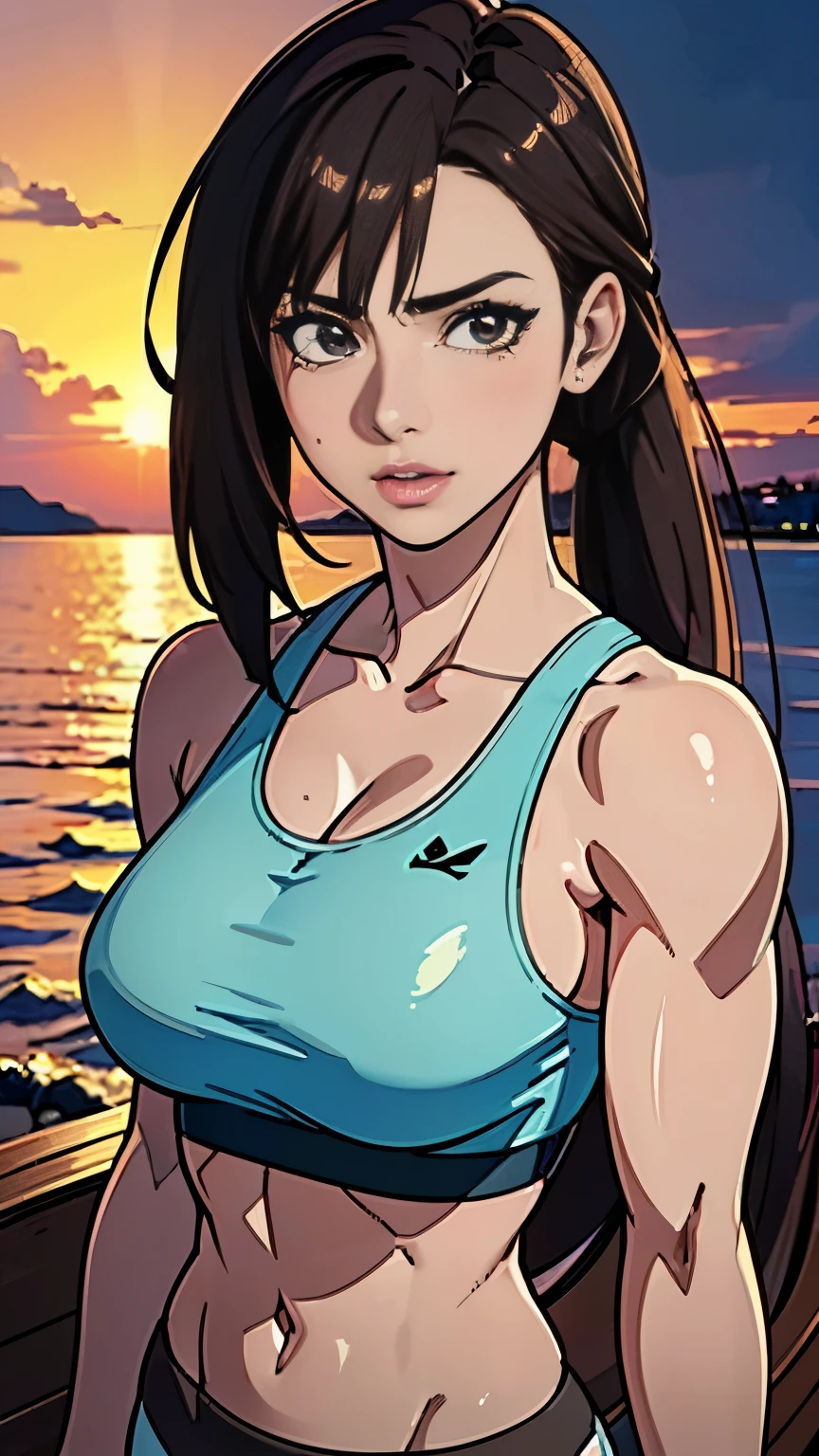 photo of mlp Meowko, RAW, beautiful woman, ((portrait)), ((detailed face:1.2)), ((anime, face, anime facial feature, clear skin, glossy lips, shiny luscious lips, clear skin), (very long brown ponytail, light brown, brunette: 1.55), (perfect proportioned body, Strong, muscular, narrow waist, narrow hips, skinny, large breasts), (wearing sports bra, tights), (Beach sandy, sunset on the water, evening), (realistic photo, best quality, detailed), (8k wallpaper), (cinematic lighting, beautiful light, (day:1.3)) (sharp focus, intricate)