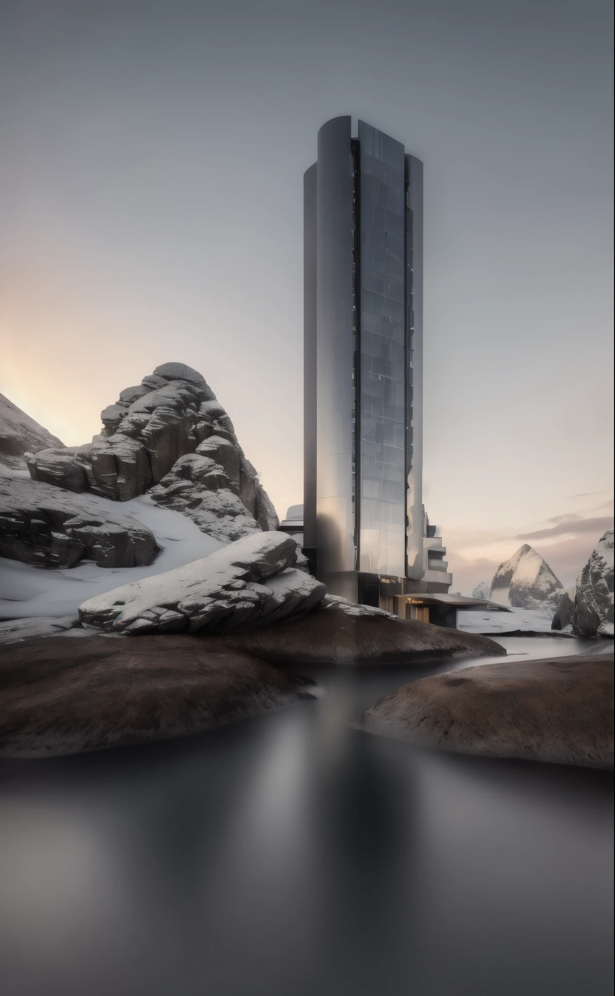 ((masterpiece, best quality)), 8k, modern metallic architecture style, photo realistic, david chipperfield, hyper detailed photo, single box, a digital 3d render of a building,(stone:1.1), leansflare, mountain, tall building, sunset. High details, high quality, [[photorealistic Chromatic aberration]], digital photograph, HDR, high contrast, (cowboy shot), masterpiece. [The scene is surrounded by mist, evoking a mysterious and eerie atmosphere. The lighting is dark and atmospheric, with a touch of sinister ambiance. Best quality image, HDR enhancement, showcasing the utmost level of detail and realism]. [8K, Best Quality, Ultra High Resolution, (highly detailed CG unity 8k wallpaper), (best photo), (best shadows), isometric 3D, octane rendering, ray tracing, highly detailed, (Best quality, 4K, 8k:1.2), absurdity, ultra detailed, (realistic, photorealistic, photorealistic:1.37), complex parts, HDR, (complex parts:1.12), (hyper detailed, hyper realistic, Soft lighting, spicy:1.2), (complex parts, Hyper detailed:1.15). Blurred foreground. (backlit), masterpiece, high quality, brightness, chromatic aberration, shadows, contrast, clear sky, (warm hue, warm tone), high details, natural reflections]. many details. (YES SFW)