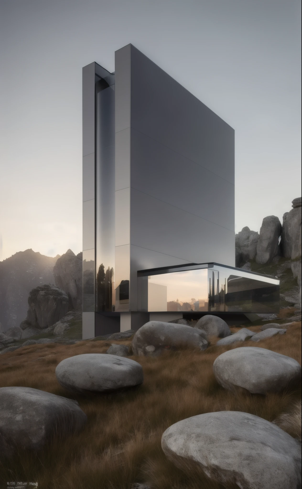 ((masterpiece, best quality)), 8k, modern metallic architecture style, photo realistic, david chipperfield, hyper detailed photo, single box, a digital 3d render of a building,(stone:1.1), leansflare, mountain, tall building, sunset. High details, high quality, [[photorealistic Chromatic aberration]], digital photograph, HDR, high contrast, (cowboy shot), masterpiece. [The scene is surrounded by mist, evoking a mysterious and eerie atmosphere. The lighting is dark and atmospheric, with a touch of sinister ambiance. Best quality image, HDR enhancement, showcasing the utmost level of detail and realism]. [8K, Best Quality, Ultra High Resolution, (highly detailed CG unity 8k wallpaper), (best photo), (best shadows), isometric 3D, octane rendering, ray tracing, highly detailed, (Best quality, 4K, 8k:1.2), absurdity, ultra detailed, (realistic, photorealistic, photorealistic:1.37), complex parts, HDR, (complex parts:1.12), (hyper detailed, hyper realistic, Soft lighting, spicy:1.2), (complex parts, Hyper detailed:1.15). Blurred foreground. (backlit), masterpiece, high quality, brightness, chromatic aberration, shadows, contrast, clear sky, (warm hue, warm tone), high details, natural reflections]. many details. (YES SFW)