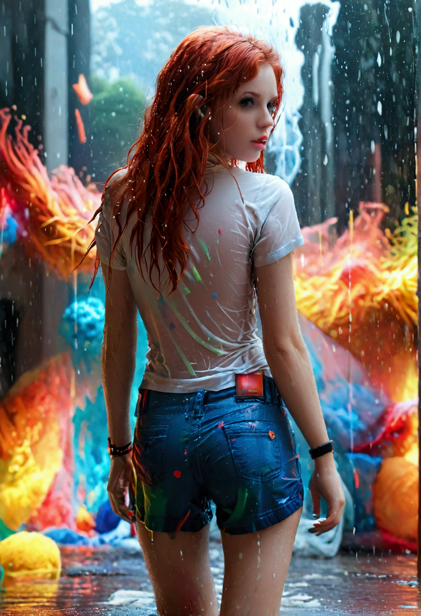 ultra realistic, photography, long red hair, girl, 24 years old, hourglass figure, perfect body, small breasts, Flirty look, extremely detailed artgerm, in the style artgerm, facing the camera, lens 35 mm, blur background, walking in the rain, thin white see through plain tshirt, jean shorts, sneakers, walking towards the camera, wet skin, wet clothes, wet hair, messy hair, soaking wet