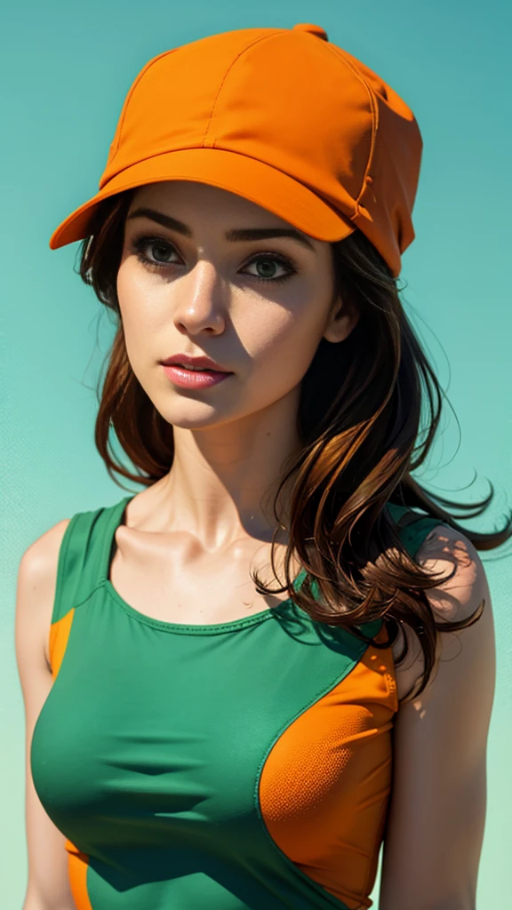 Portrait of a young woman in an orange cap and tank top, textured painting style, abstract style with pale blue and green background, realistic facial expressions and shadows."