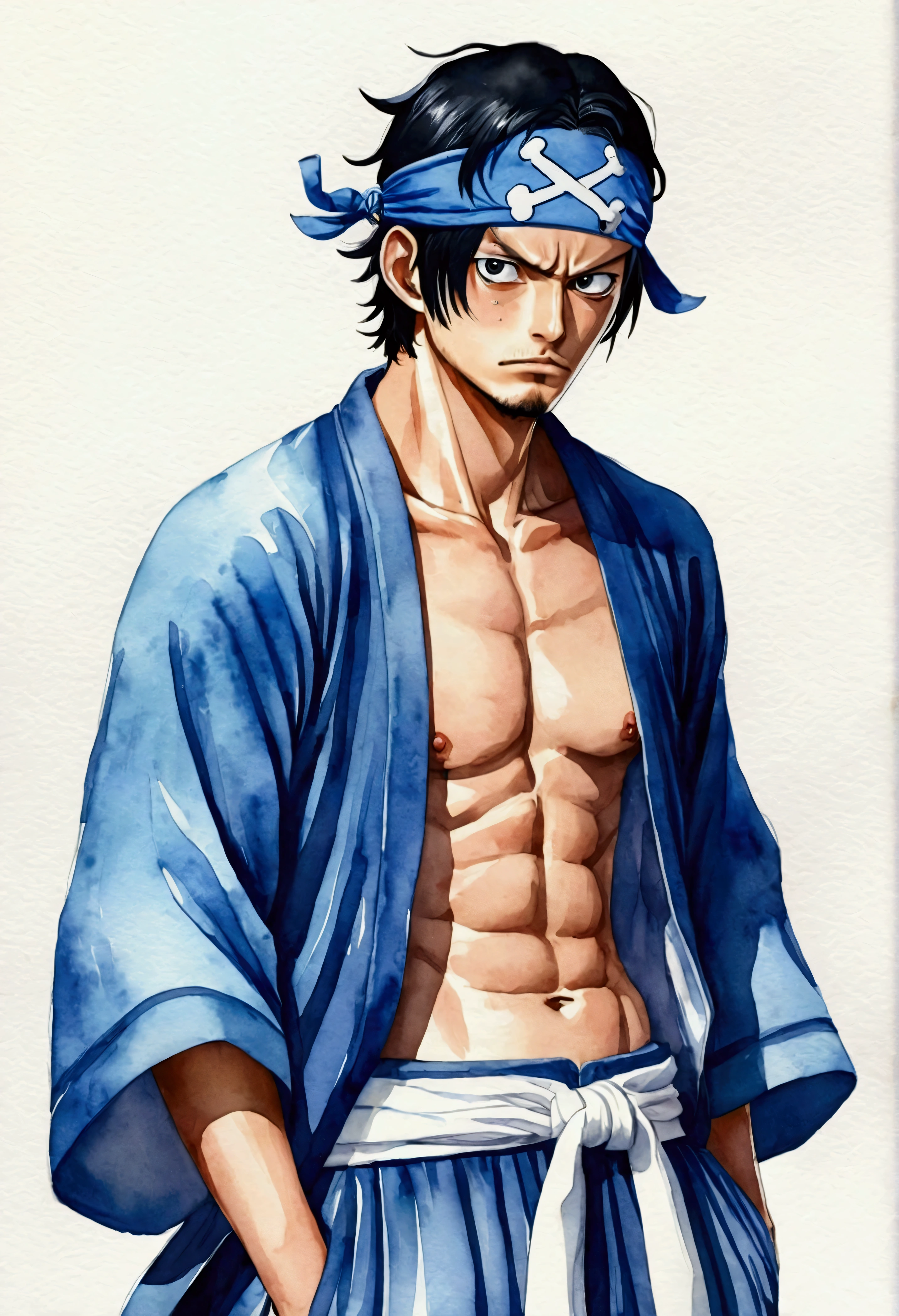 one piece Jinbei Creation、Watercolor、An illustration、Black Hair、shirt、precise face features、black eye、Sporty clothes、High resolution
