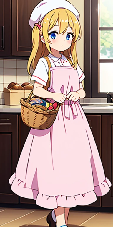 Full body, beautiful eyes , 1 girl , full body , cute girl , anime style , cute eyes , (standing up) , (Bakers typically wear traditional baking attire, including aprons, chef hats, and comfortable clothing suited for working in a kitchen. They often carry a basket or bag filled with freshly baked goods and special ingredients. Some may also have flour or sugar dusted on their clothes, highlighting their dedication to their craft..)