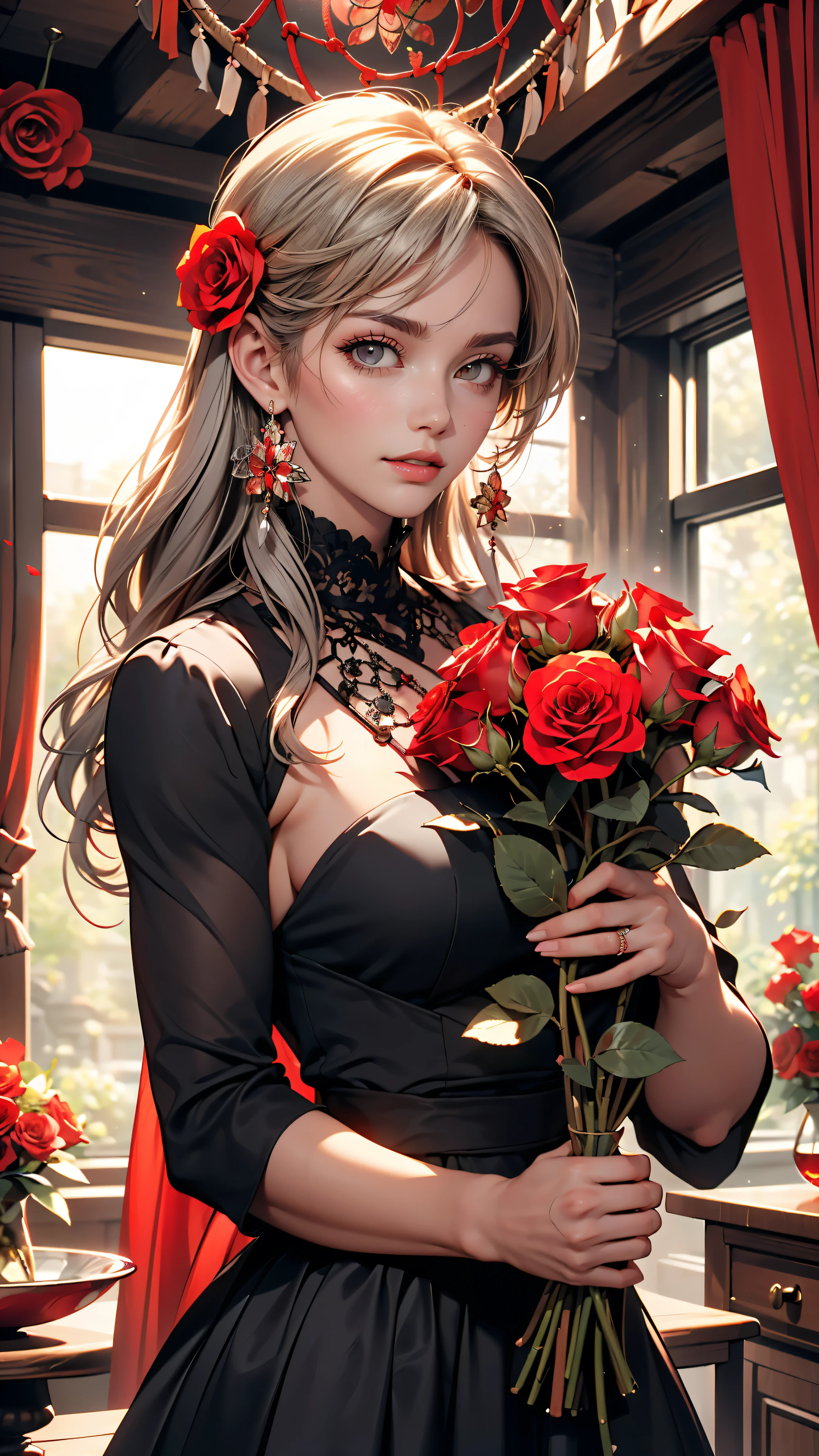 (highest quality, masterpiece), (One girl, alone, Black Dress, Are standing , View Viewer, Gray Hair, Red eyes, Holding roses, Mouth closed, Upper Body), (Red dream catcher behind, Red flower, )
