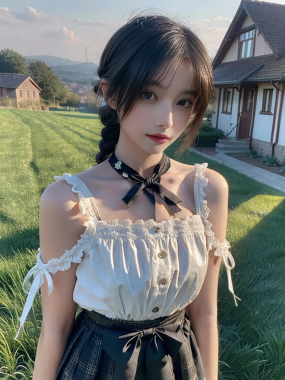 Pure, 1 girl, high quality, Best Quality, illustration, masterpiece, (Very detailed:1.2), (extremely detailed:1.3), bare shoulders, young girl, thread ribbon, short skirt, Whole body, braid, , , in a house