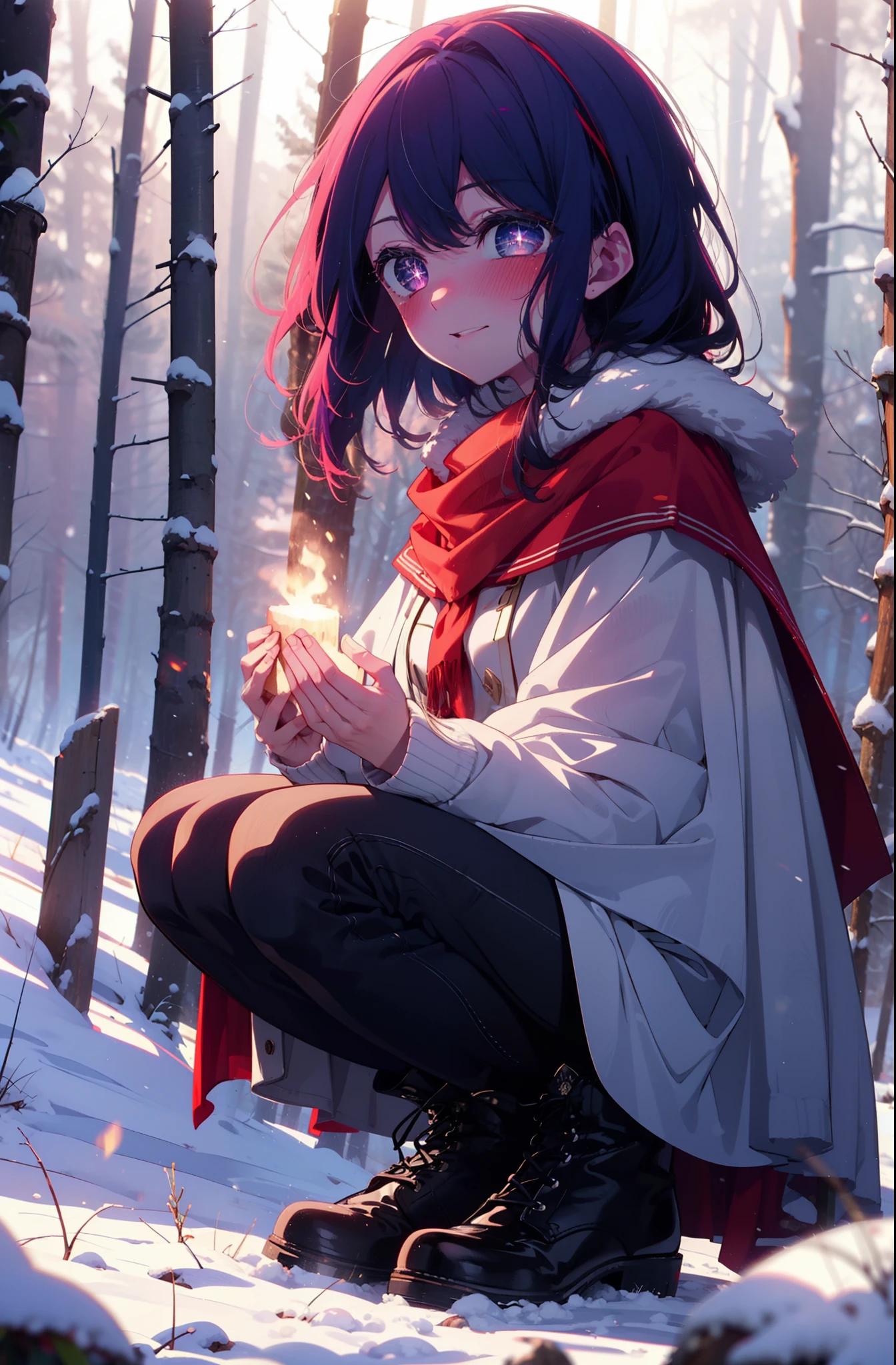 aihoshino, Ai Hoshino, Long Hair, bangs, (Purple eyes:1.1), Purple Hair, (Symbol-shaped pupil:1.5), smile,,smile,blush,white breath,
Open your mouth,snow,Ground bonfire, Outdoor, boots, snowing, From the side, wood, suitcase, Cape, Blurred, , forest, White handbag, nature,  Squat, Mouth closed, Cape, winter, Written boundary depth, Black shoes, red Cape break looking at viewer, Upper Body, whole body, break Outdoor, forest, nature, break (masterpiece:1.2), Highest quality, High resolution, unity 8k wallpaper, (shape:0.8), (Beautiful and beautiful eyes:1.6), Highly detailed face, Perfect lighting, Extremely detailed CG, (Perfect hands, Perfect Anatomy),