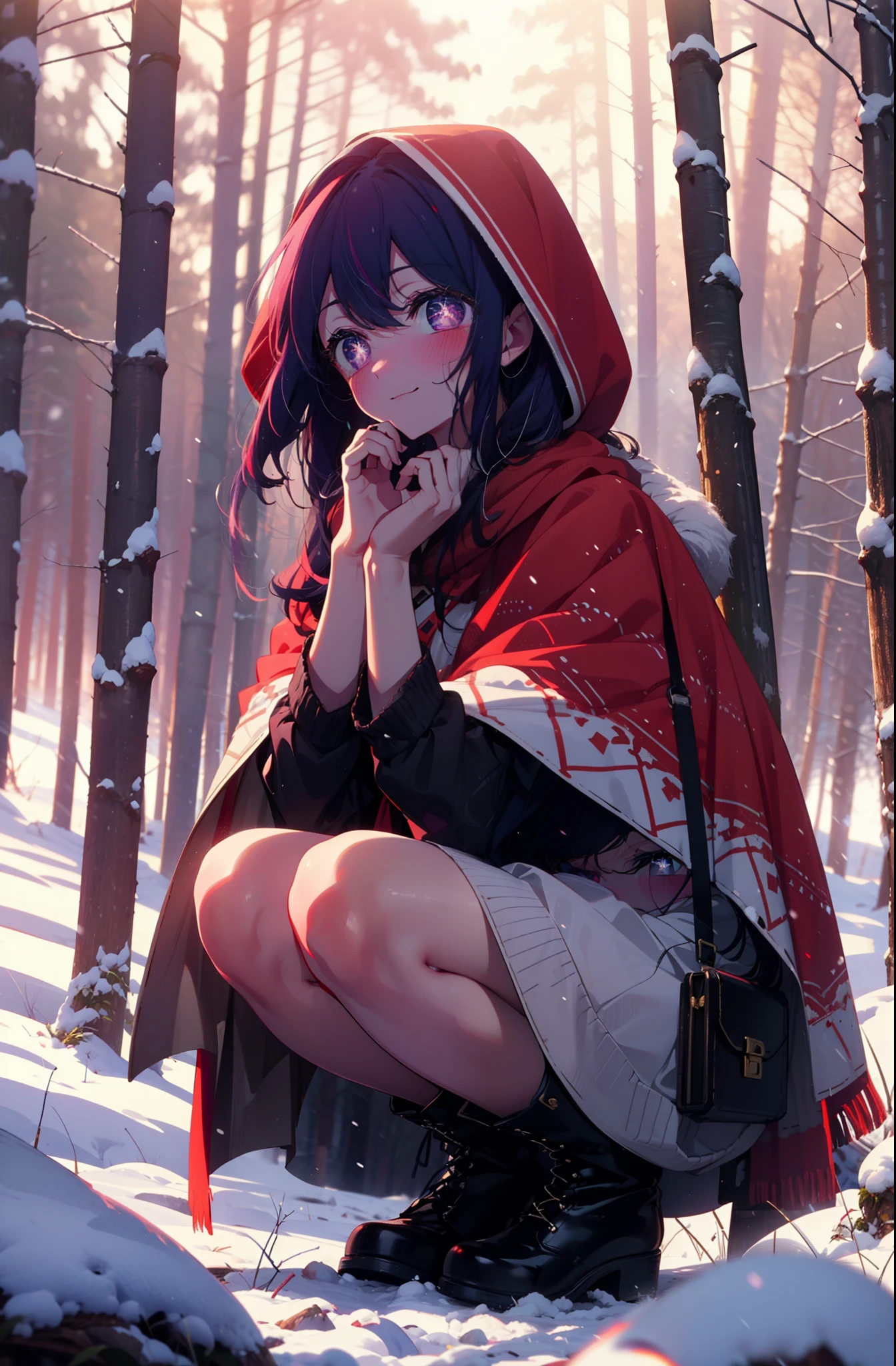 aihoshino, Ai Hoshino, Long Hair, bangs, (Purple eyes:1.1), Purple Hair, (Symbol-shaped pupil:1.5), smile,,smile,blush,white breath,
Open your mouth,snow,Ground bonfire, Outdoor, boots, snowing, From the side, wood, suitcase, Cape, Blurred, , forest, White handbag, nature, Squat, Mouth closed, Cape, winter, Written boundary depth, Black shoes, red Cape break looking at viewer, Upper Body, whole body, break Outdoor, forest, nature, break (masterpiece:1.2), Highest quality, High resolution, unity 8k wallpaper, (shape:0.8), (Beautiful and beautiful eyes:1.6), Highly detailed face, Perfect lighting, Extremely detailed CG, (Perfect hands, Perfect Anatomy),