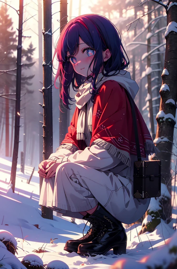 aihoshino, Ai Hoshino, Long Hair, bangs, (Purple eyes:1.1), Purple Hair, (Symbol-shaped pupil:1.5), smile,,smile,blush,white breath,
Open your mouth,snow,Ground bonfire, Outdoor, boots, snowing, From the side, wood, suitcase, Cape, Blurred, , forest, White handbag, nature,  Squat, Mouth closed, Cape, winter, Written boundary depth, Black shoes, red Cape break looking at viewer, Upper Body, whole body, break Outdoor, forest, nature, break (masterpiece:1.2), Highest quality, High resolution, unity 8k wallpaper, (shape:0.8), (Beautiful and beautiful eyes:1.6), Highly detailed face, Perfect lighting, Extremely detailed CG, (Perfect hands, Perfect Anatomy),