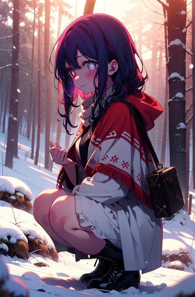 aihoshino, Ai Hoshino, Long Hair, bangs, (Purple eyes:1.1), Purple Hair, (Symbol-shaped pupil:1.5), smile,,smile,blush,white breath,
Open your mouth,snow,Ground bonfire, Outdoor, boots, snowing, From the side, wood, suitcase, Cape, Blurred, , forest, White handbag, nature,  Squat, Mouth closed, Cape, winter, Written boundary depth, Black shoes, red Cape break looking at viewer, Upper Body, whole body, break Outdoor, forest, nature, break (masterpiece:1.2), Highest quality, High resolution, unity 8k wallpaper, (shape:0.8), (Beautiful and beautiful eyes:1.6), Highly detailed face, Perfect lighting, Extremely detailed CG, (Perfect hands, Perfect Anatomy),