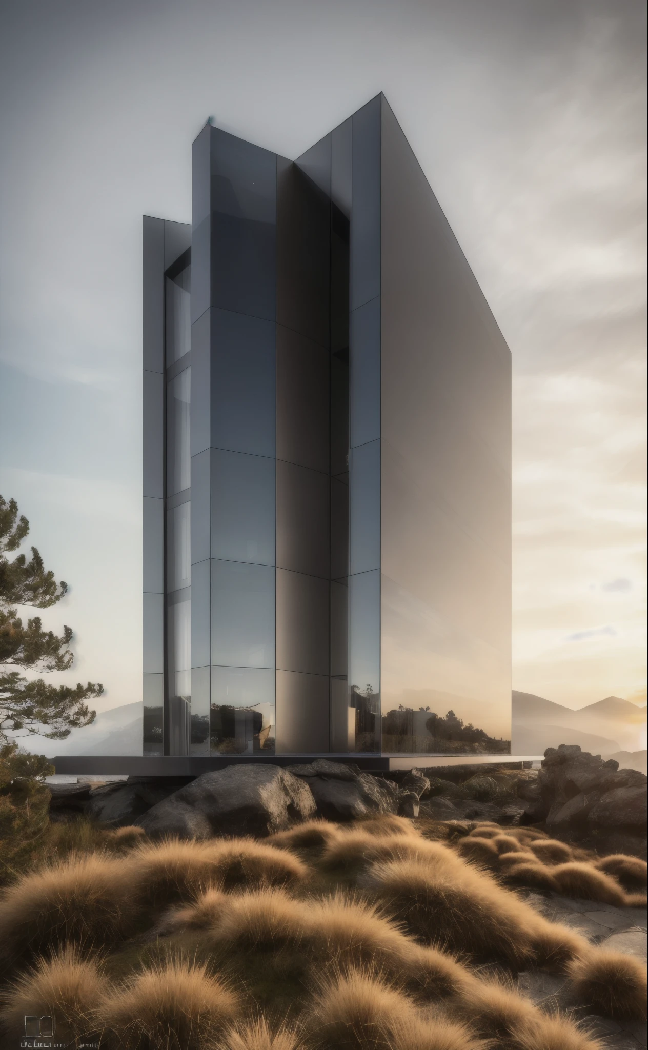 ((masterpiece, best quality)), 8k, modern metallic architecture style, photo realistic, david chipperfield, hyper detailed photo, single box, a digital 3d render of a building,(stone:1.1), leansflare, mountain, tall building, sunset. High details, high quality, [[photorealistic Chromatic aberration]], digital photograph, HDR, high contrast, (cowboy shot), masterpiece. [The scene is surrounded by mist, evoking a mysterious and eerie atmosphere. The lighting is dark and atmospheric, with a touch of sinister ambiance. Best quality image, HDR enhancement, showcasing the utmost level of detail and realism]. [8K, Best Quality, Ultra High Resolution, (highly detailed CG unity 8k wallpaper), (best photo), (best shadows), isometric 3D, octane rendering, ray tracing, highly detailed, (Best quality, 4K, 8k:1.2), absurdity, ultra detailed, (realistic, photorealistic, photorealistic:1.37), complex parts, HDR, (complex parts:1.12), (hyper detailed, hyper realistic, Soft lighting, spicy:1.2), (complex parts, Hyper detailed:1.15). Blurred foreground. (backlit), masterpiece, high quality, brightness, chromatic aberration, shadows, contrast, clear sky, (warm hue, warm tone), high details, natural reflections]. many details. (YES SFW)