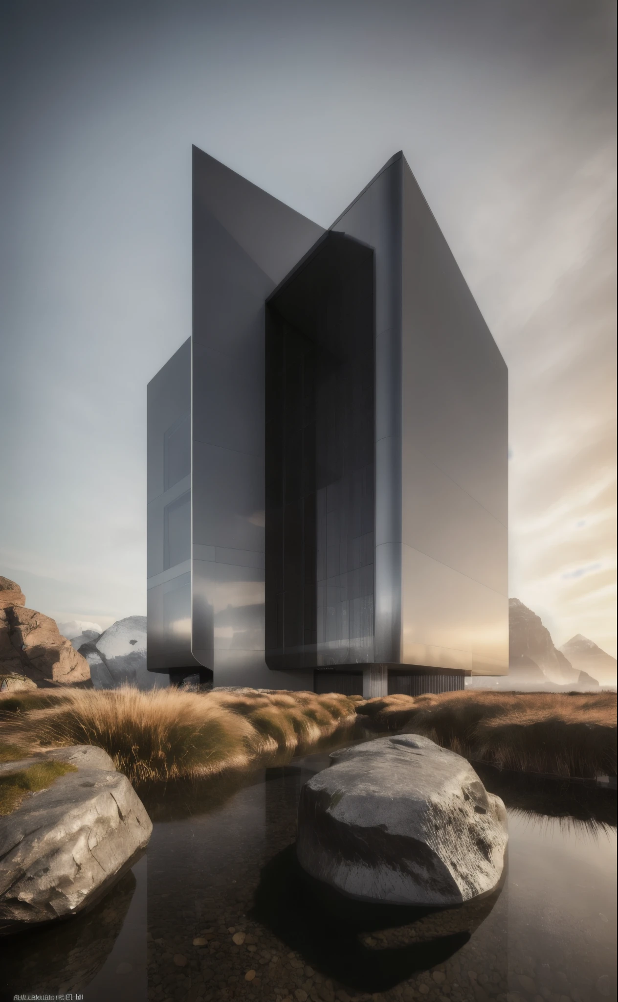 ((masterpiece, best quality)), 8k, modern metallic architecture style, photo realistic, david chipperfield, hyper detailed photo, single box, a digital 3d render of a building,(stone:1.1), leansflare, mountain, tall building, sunset. High details, high quality, [[photorealistic Chromatic aberration]], digital photograph, HDR, high contrast, (cowboy shot), masterpiece. [The scene is surrounded by mist, evoking a mysterious and eerie atmosphere. The lighting is dark and atmospheric, with a touch of sinister ambiance. Best quality image, HDR enhancement, showcasing the utmost level of detail and realism]. [8K, Best Quality, Ultra High Resolution, (highly detailed CG unity 8k wallpaper), (best photo), (best shadows), isometric 3D, octane rendering, ray tracing, highly detailed, (Best quality, 4K, 8k:1.2), absurdity, ultra detailed, (realistic, photorealistic, photorealistic:1.37), complex parts, HDR, (complex parts:1.12), (hyper detailed, hyper realistic, Soft lighting, spicy:1.2), (complex parts, Hyper detailed:1.15). Blurred foreground. (backlit), masterpiece, high quality, brightness, chromatic aberration, shadows, contrast, clear sky, (warm hue, warm tone), high details, natural reflections]. many details. (YES SFW)