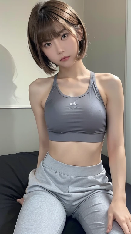 8K, high quality photo, Japanese cute 18-year-old girl, B85W56H89, Height 153cm, light brown eyes, (The hairstyle : Bob cut, straight hair, with bangs, length reaching the shoulders, hair color is light brown with highlights, bangs are straight and cover the forehead), (wear : Gray sports bra and briefs, simple and modern design, White elastic band under bra and over pants like "Calvin Klein" , snug fit ), sitting on a bed, legs wide spread, (The crotch of the pants showing the shape of the pussy), 