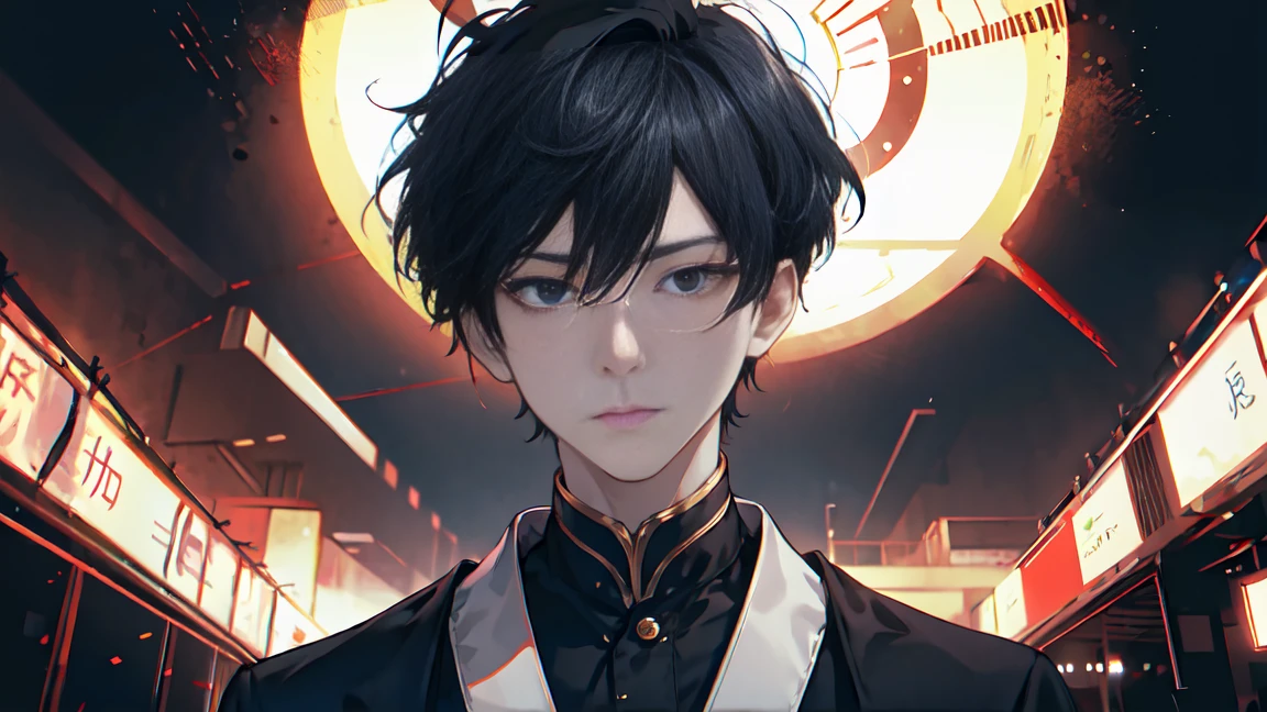 black hair, man, male, Handsome, Science Fiction, short hair, glaring, jitome, Surrealism, drop shadow, anaglyph, stereogram, tachi-e, pov, atmospheric perspective, cinematic lighting, letterboxed, Wide-Angle, 8k, super detail, best quality, UHD, highres