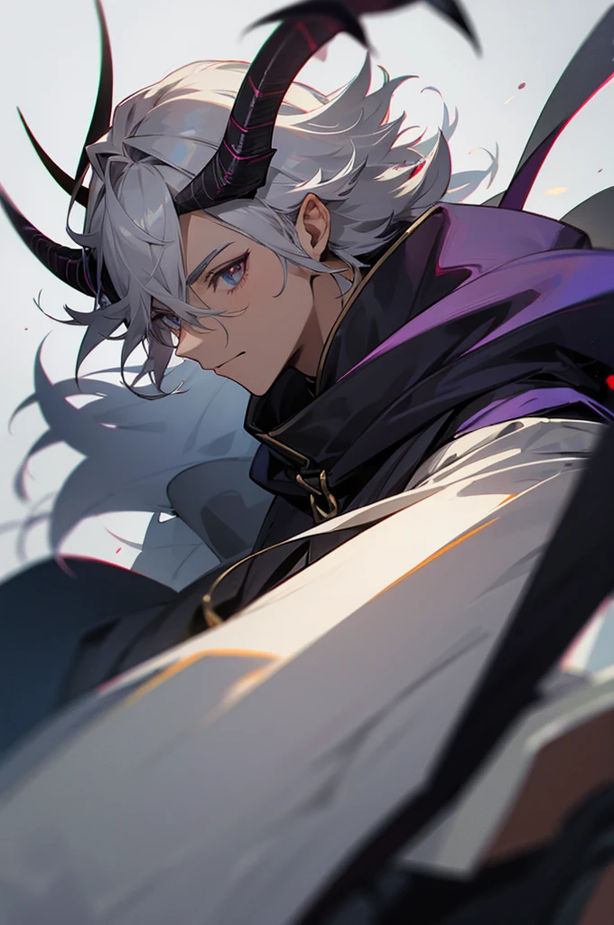 Young adult, male, Gray hair, Town Background, Knight, Demon Horns, Black skin