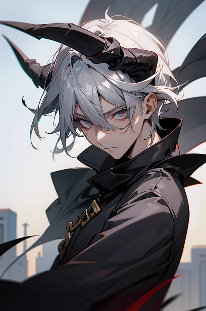  adult, male, Gray hair, Town Background, Knight, Demon Horns, Black skin